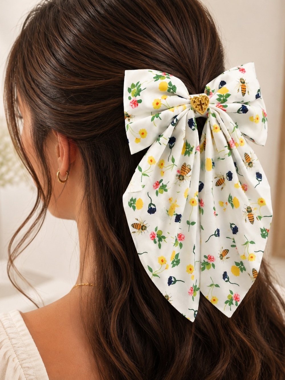 Oversized Floral Bee Hair Bow White Gold Cross